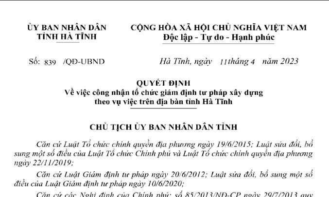 QUYẾT ĐỊNH Về việc công nhận tổ chức giám định tư pháp xây dựng theo vụ việc trên địa bàn tỉnh Hà Tĩnh