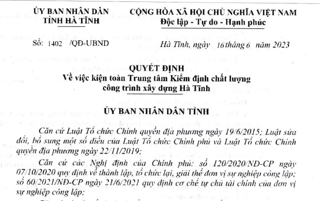 QUYẾT ĐỊNH về việc Kiện toàn Trung tâm Kiểm định chất lượng công trình xây dựng Hà Tĩnh.
